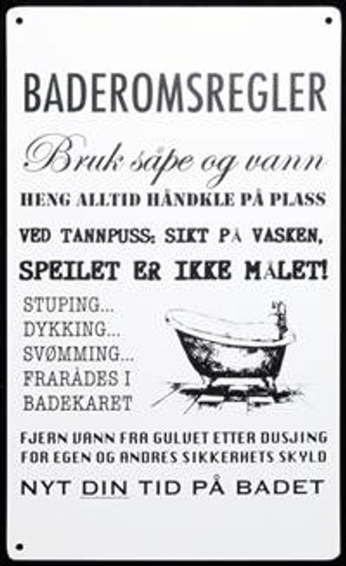 Metallskilt Baderomsregler, 16x27cm