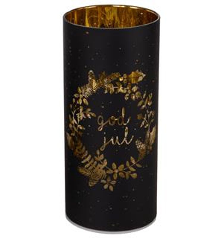Lyslykt God jul Sort/gull Led/timer  9x20 cm