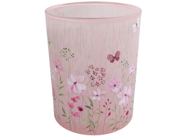 Telysglass Rosa med blomster 10x12,5 cm