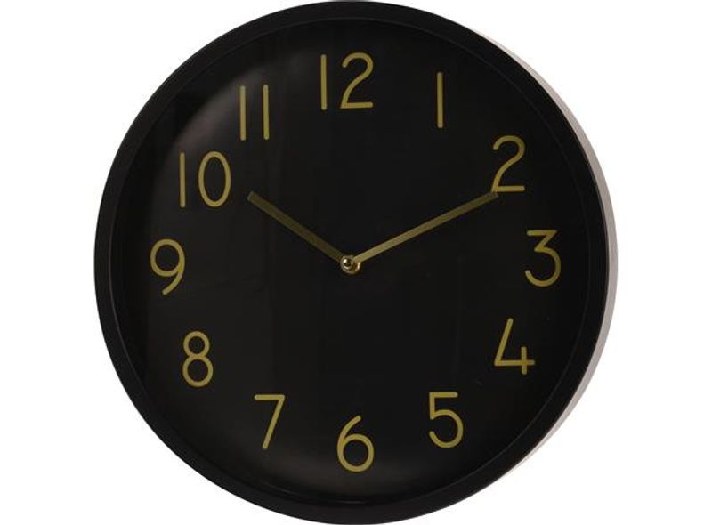 Klokke sort PP Dia:38 Dybde:5,4cm m/gull 1xAA Batteri