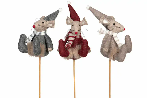 Julemus sittende Grå på stikk H 9 cm