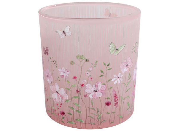 Telysglass Rosa med blomster 7,5x8 cm