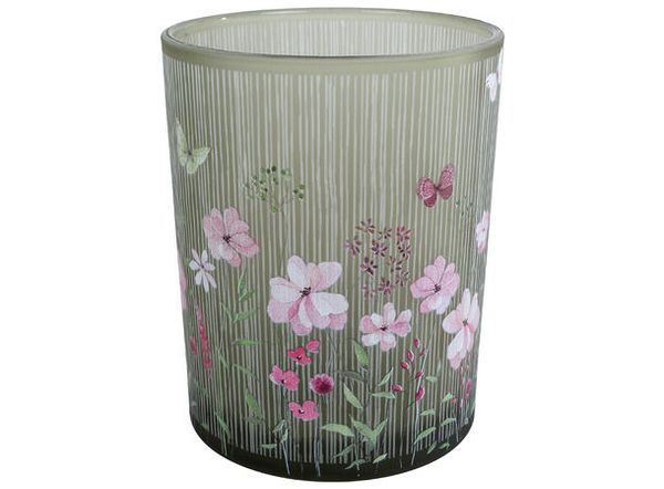 Telysglass Grønn med blomster 10x12,5 cm